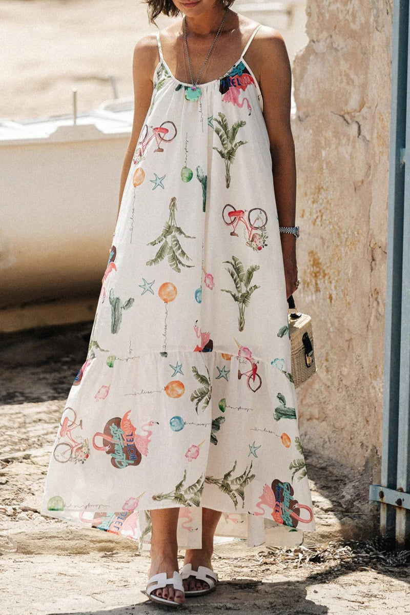 Casual Vacation Floral Print U Neck Sling Dresses - Fashionpara