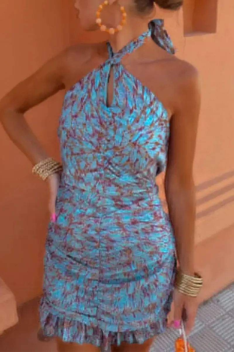 Sexy Geometric Print Lace Up Contrast Halter One Step Skirt Dresses  Fashionpara