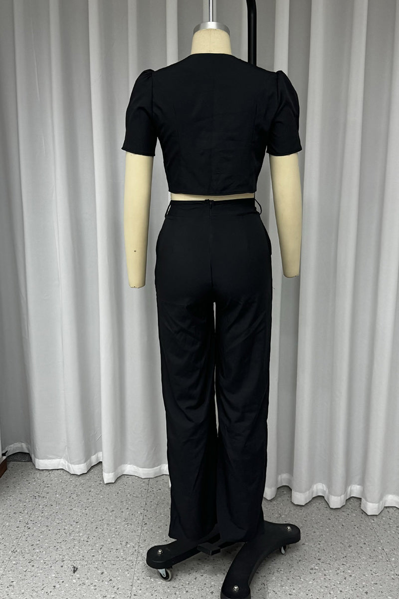 Casual Street Solid Color Pocket Buttons Without Belt O Neck Short Sleeve Two Pieces(No Belt) - Fashionpara