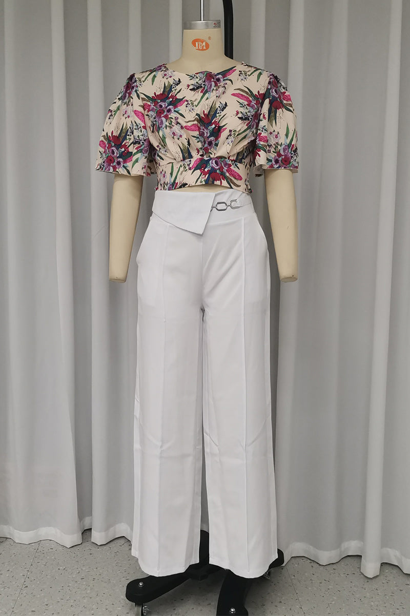 Elegant Floral Print Pocket O Neck Short Sleeve Two Pieces