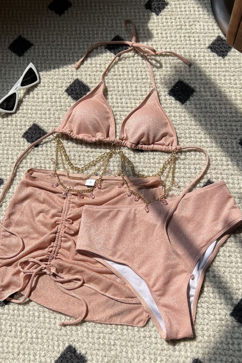 Sexy Solid Color Patchwork Chains Backless Belted Swimsuit Three Piece Set (With Paddings)(3 Colors) - Fashionpara