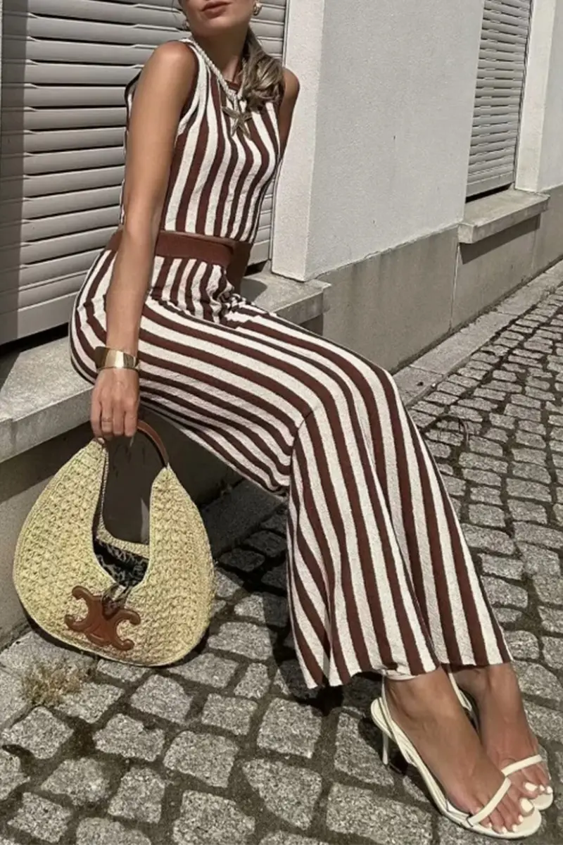 Casual Street Stripe Weave O Neck Sleeveless Two Pieces - Fashionpara