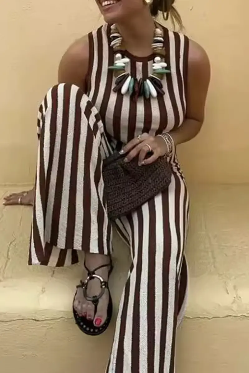 Casual Street Stripe Weave O Neck Sleeveless Two Pieces - Fashionpara