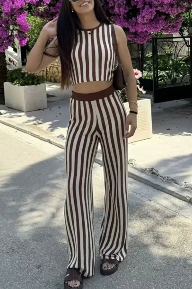 Casual Street Stripe Weave O Neck Sleeveless Two Pieces - Fashionpara
