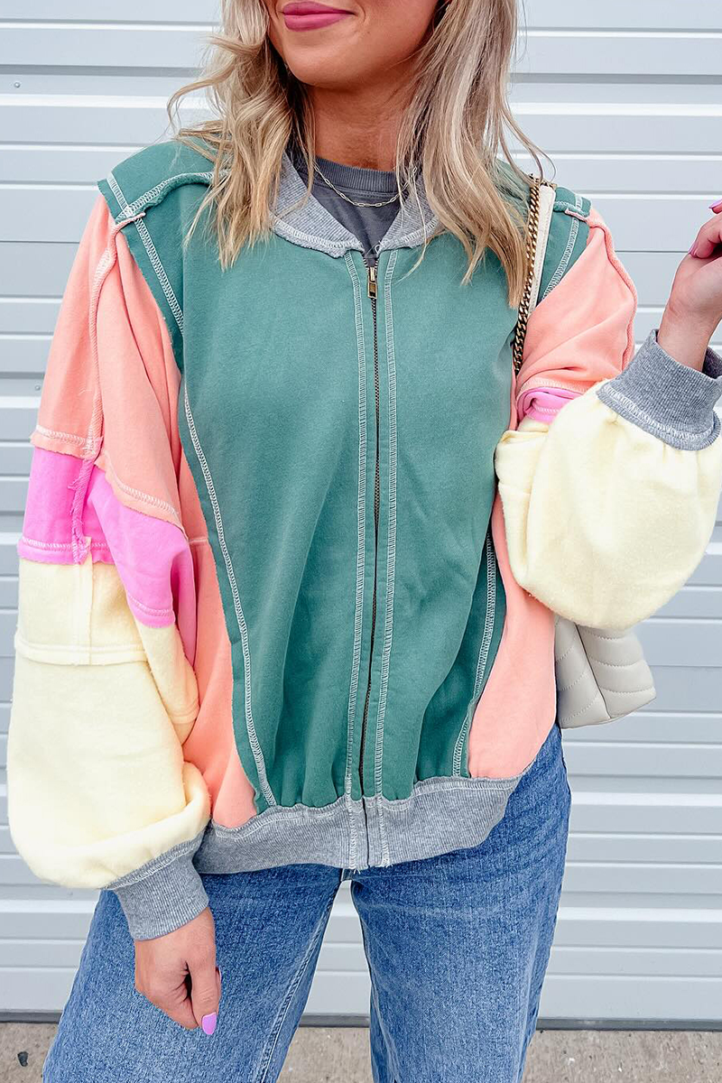 Colorblock Distressed Casual O Neck Blazer Outerwear Jacket
