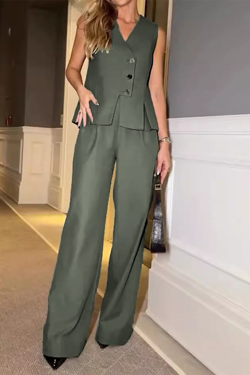 Casual Street Solid Color Buttons V Neck Sleeveless Two Pieces - Fashionpara