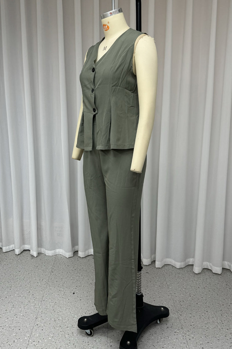 Casual Street Solid Color Buttons V Neck Sleeveless Two Pieces - Fashionpara