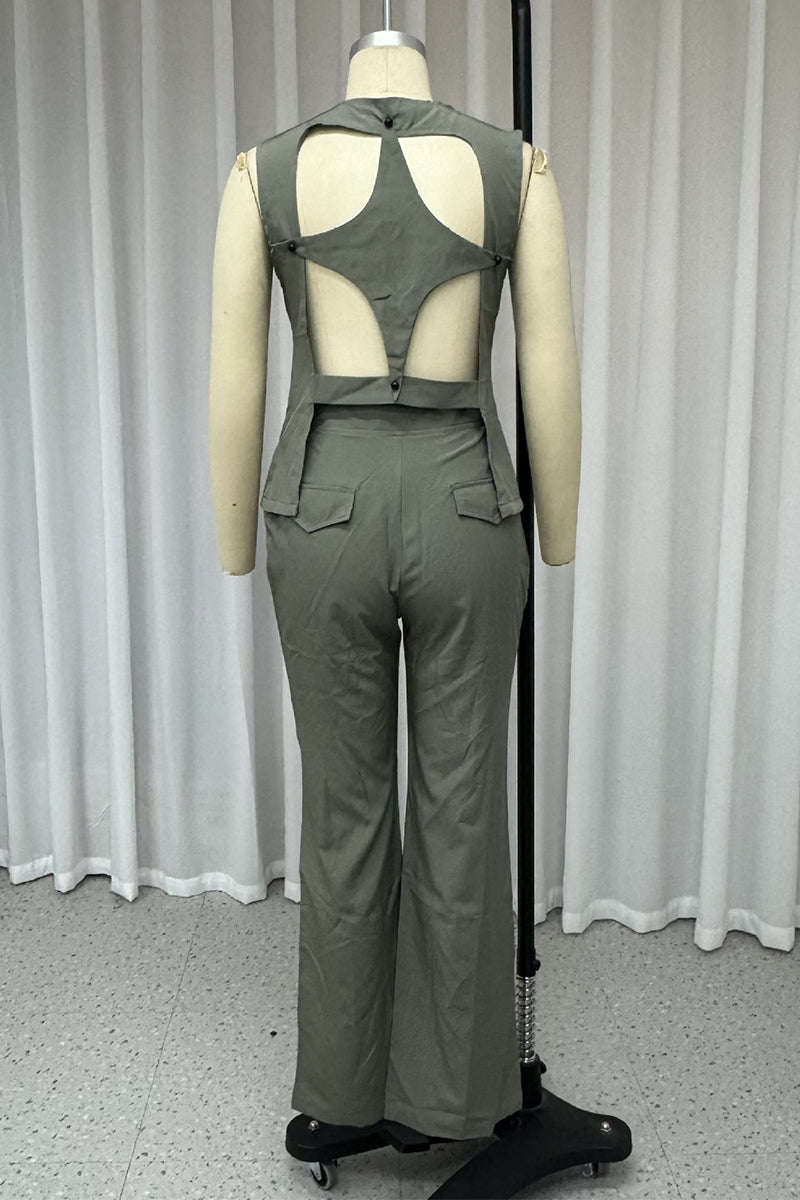 Casual Street Solid Color Buttons V Neck Sleeveless Two Pieces - Fashionpara