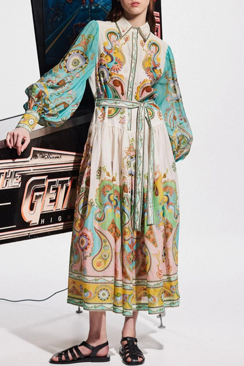 Casual Print Patchwork Turndown Collar Long Sleeve Dresses - Fashionpara