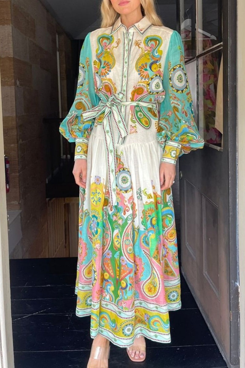 Casual Print Patchwork Turndown Collar Long Sleeve Dresses - Fashionpara