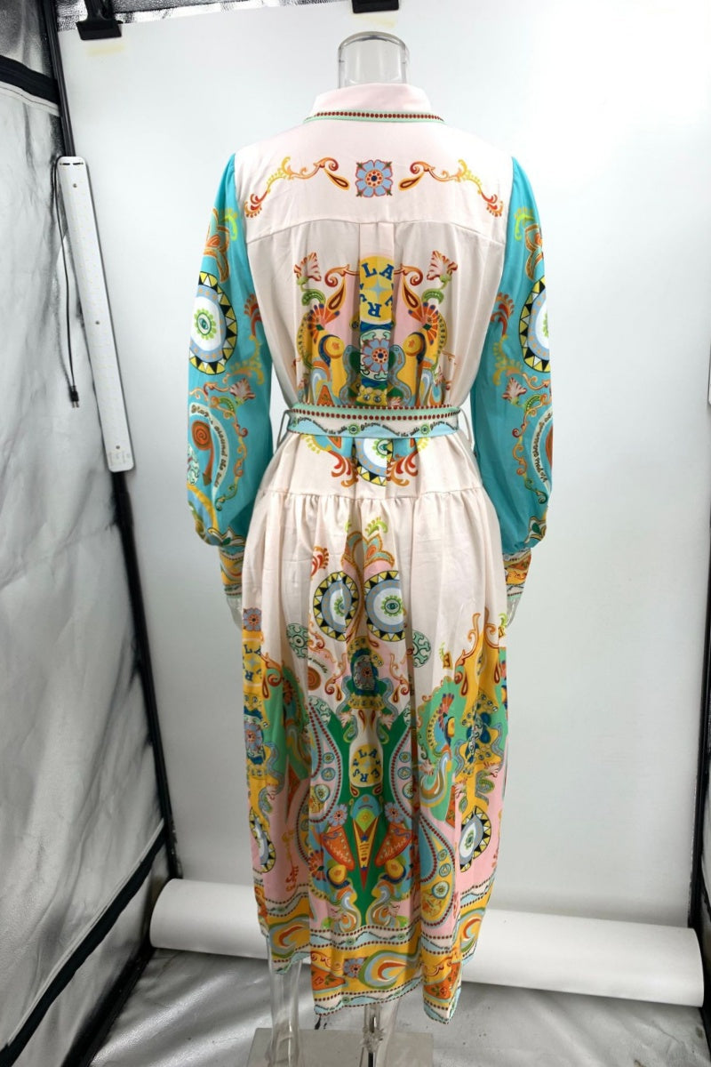 Casual Print Patchwork Turndown Collar Long Sleeve Dresses - Fashionpara