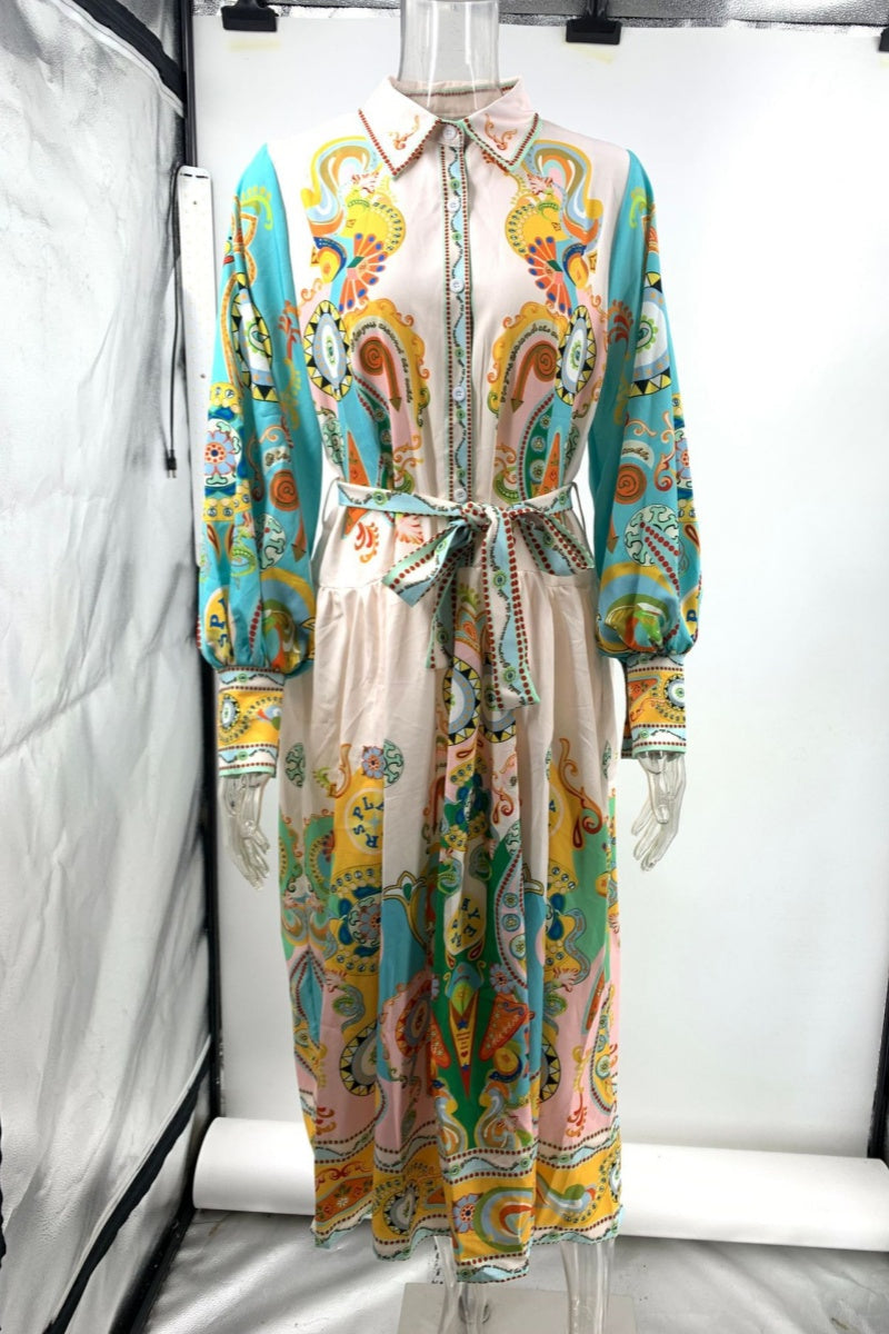 Casual Print Patchwork Turndown Collar Long Sleeve Dresses - Fashionpara