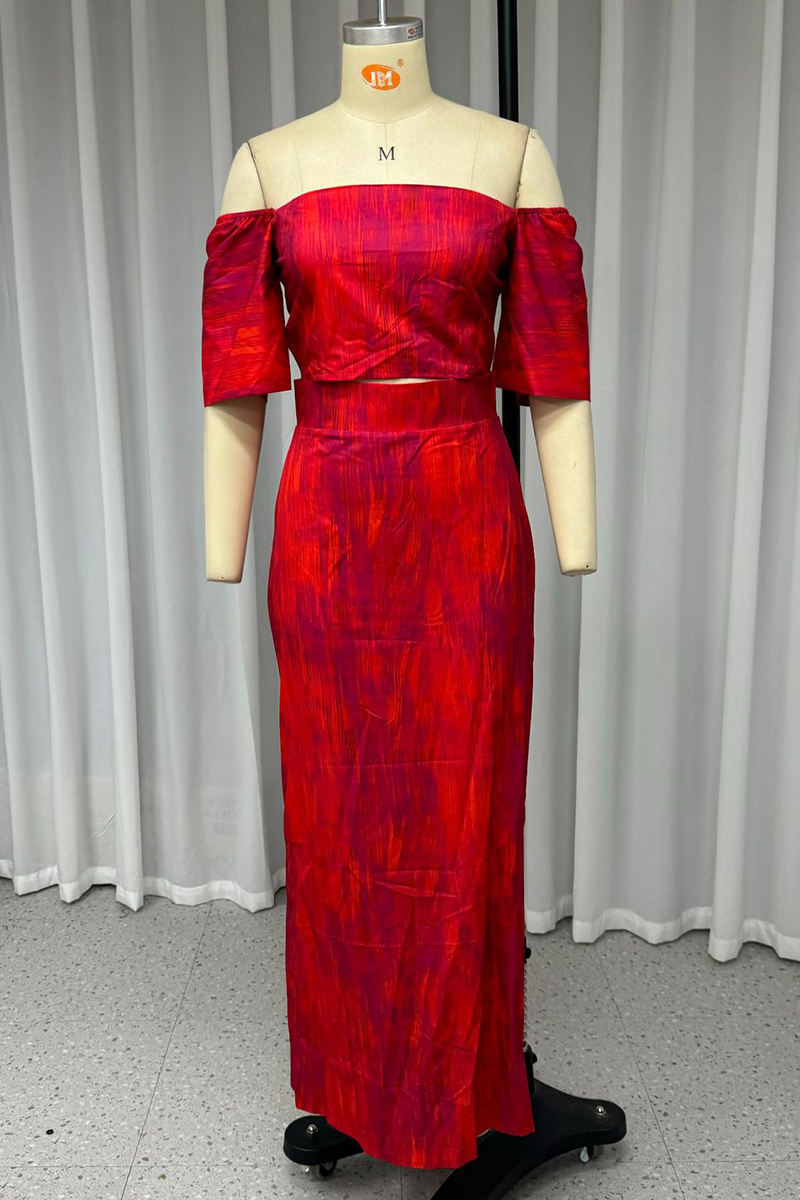 Sexy Street Gradient Print Zipper Off Shoulder Short Sleeve Two Pieces - Fashionpara