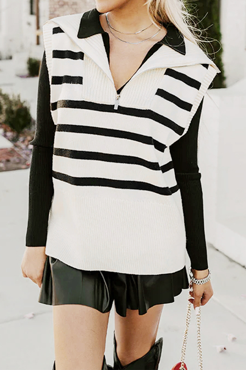 Casual Stripe Zipper Knit Turndown Collar Tops - Fashionpara