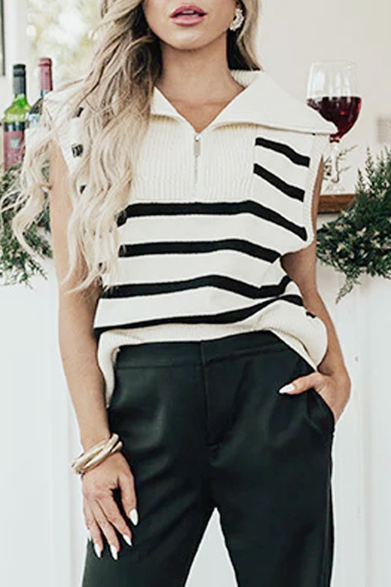Casual Stripe Zipper Knit Turndown Collar Tops - Fashionpara