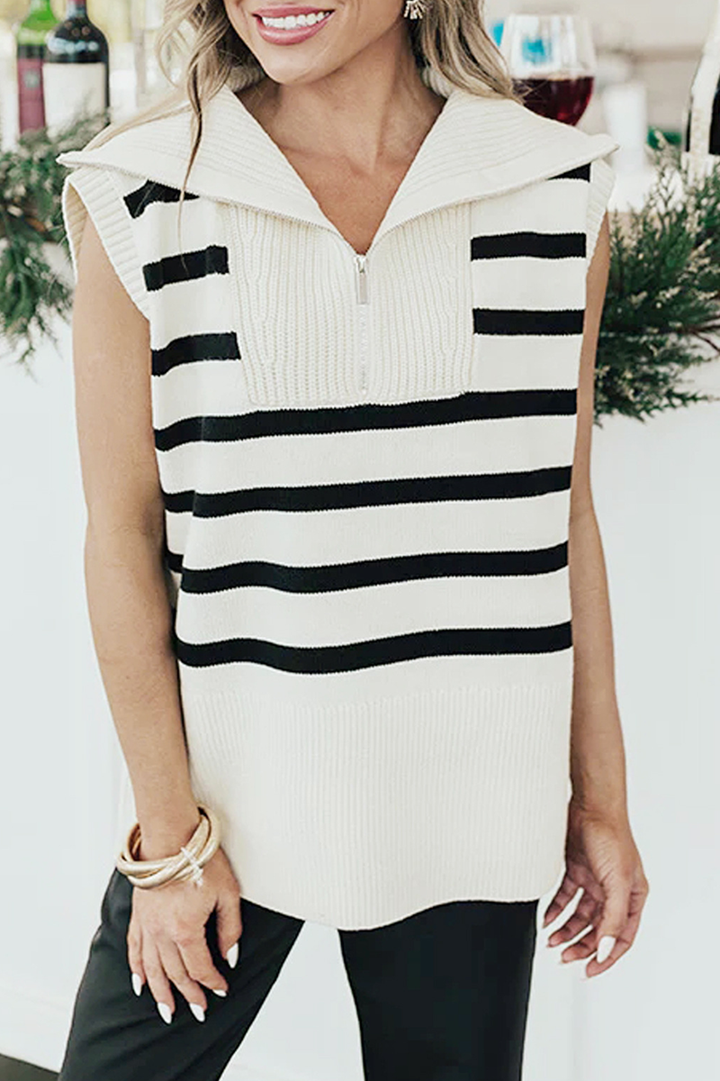 Casual Stripe Zipper Knit Turndown Collar Tops - Fashionpara
