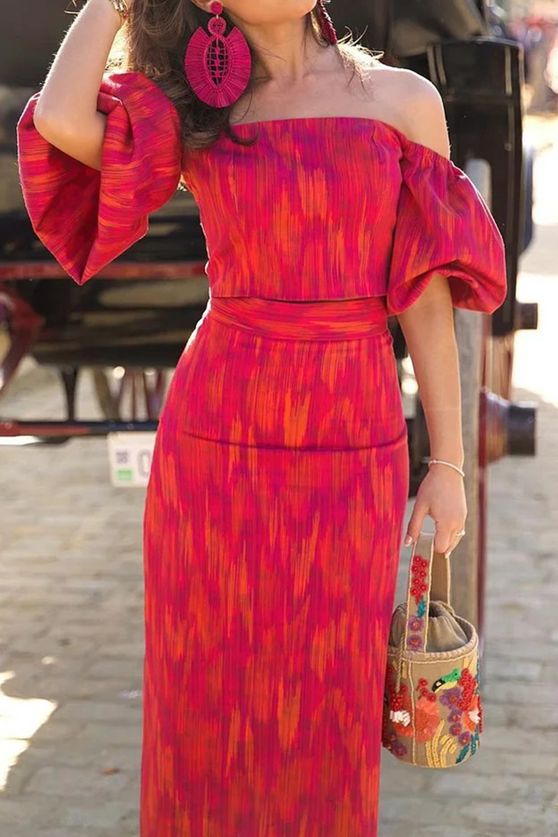 Sexy Street Gradient Print Zipper Off Shoulder Short Sleeve Two Pieces - Fashionpara