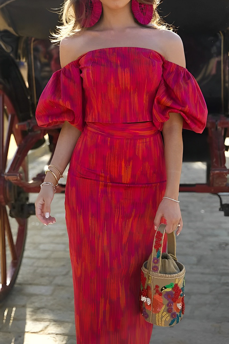 Sexy Street Gradient Print Zipper Off Shoulder Short Sleeve Two Pieces - Fashionpara