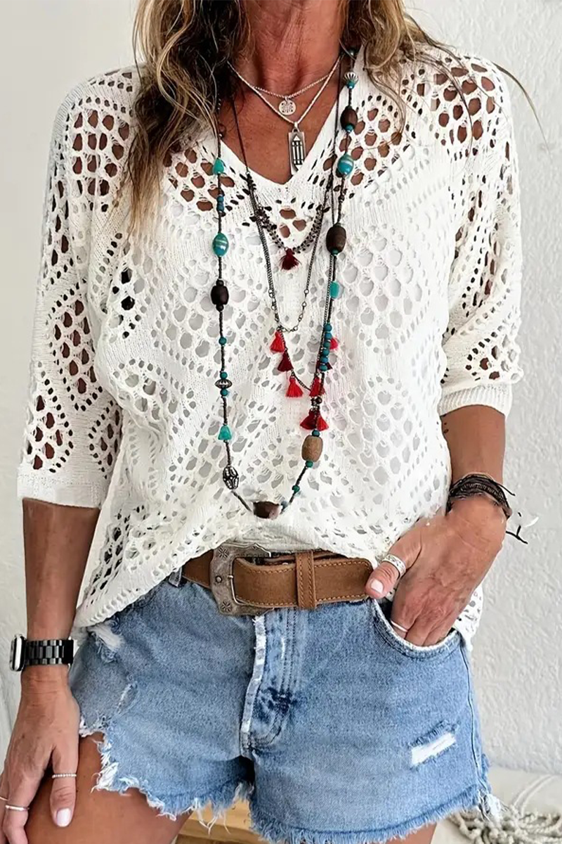 Bohonini V Neck Hollow Out Sweater for Casual Elegance