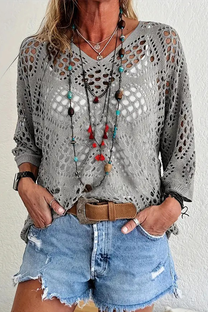 Bohonini V Neck Hollow Out Sweater for Casual Elegance