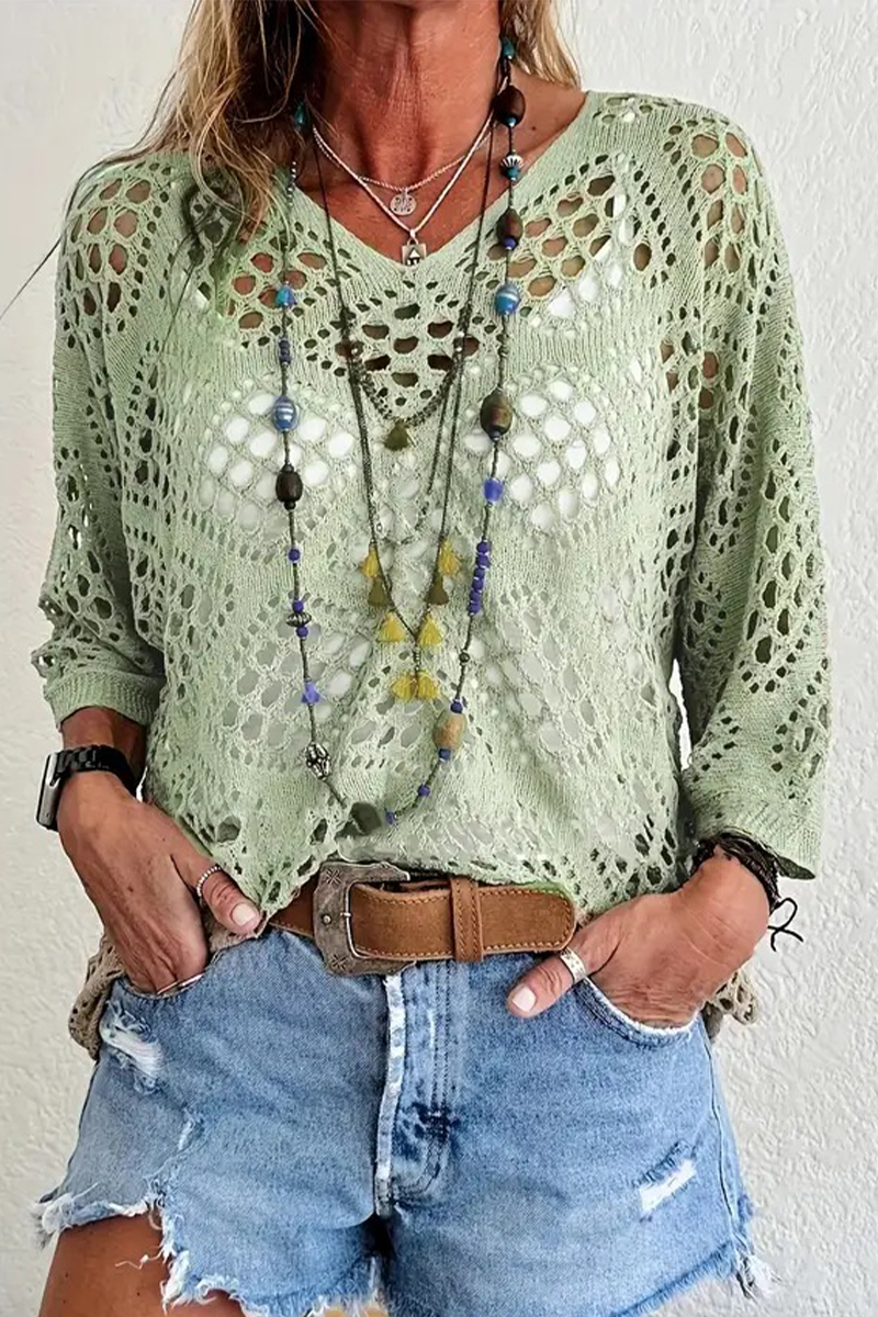 Bohonini V Neck Hollow Out Sweater for Casual Elegance