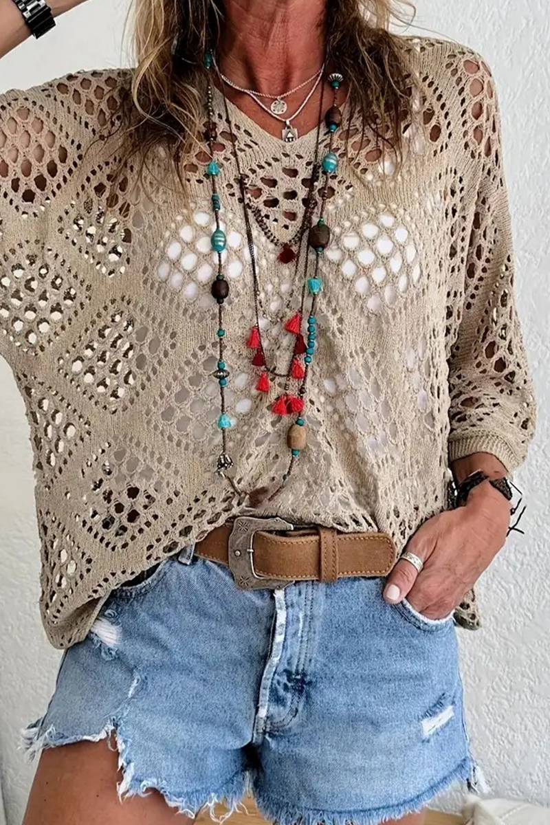 Bohonini V Neck Hollow Out Sweater for Casual Elegance