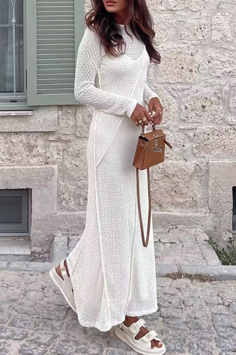 Elegant Solid Color Hollow Out O Neck Long Sleeve Dresses - Fashionpara