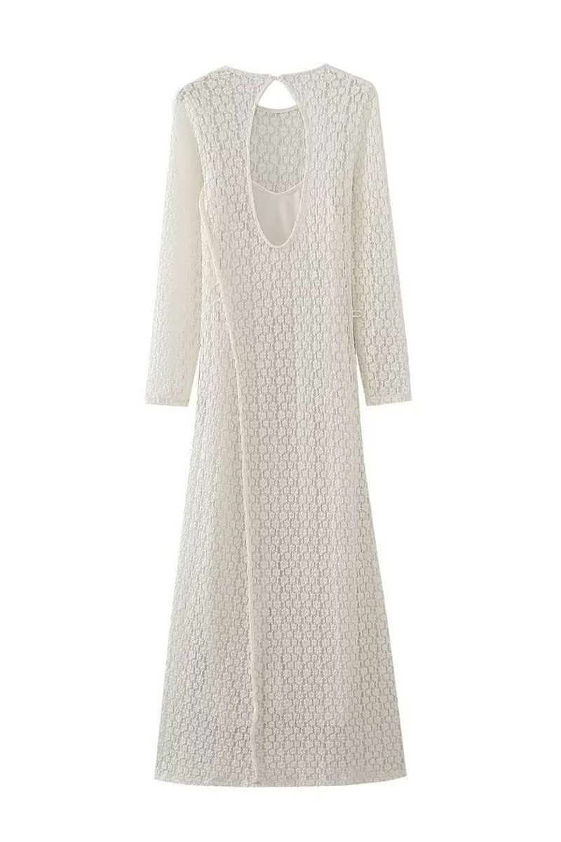 Elegant Solid Color Hollow Out O Neck Long Sleeve Dresses - Fashionpara