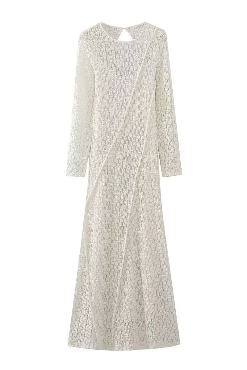 Elegant Solid Color Hollow Out O Neck Long Sleeve Dresses - Fashionpara