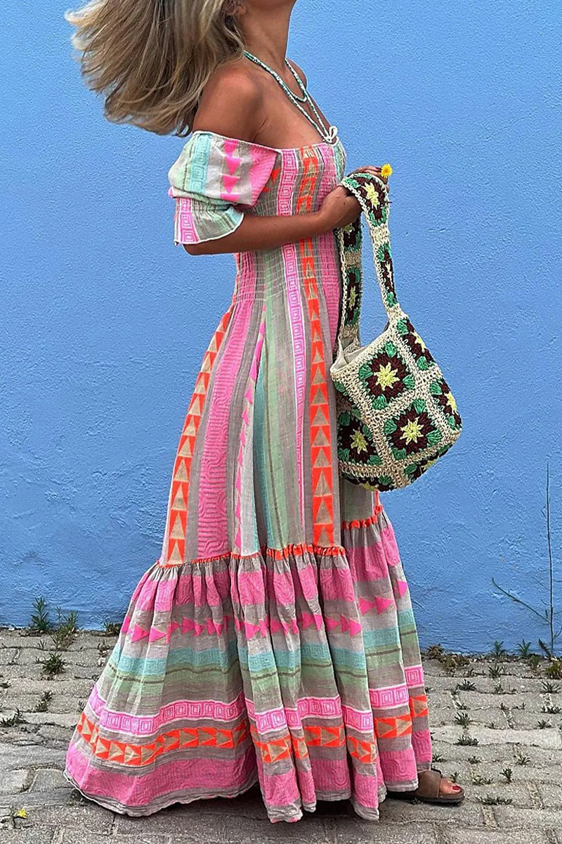 Casual Boho Geometric Print Contrast Square Neck A Line Dresses - Fashionpara