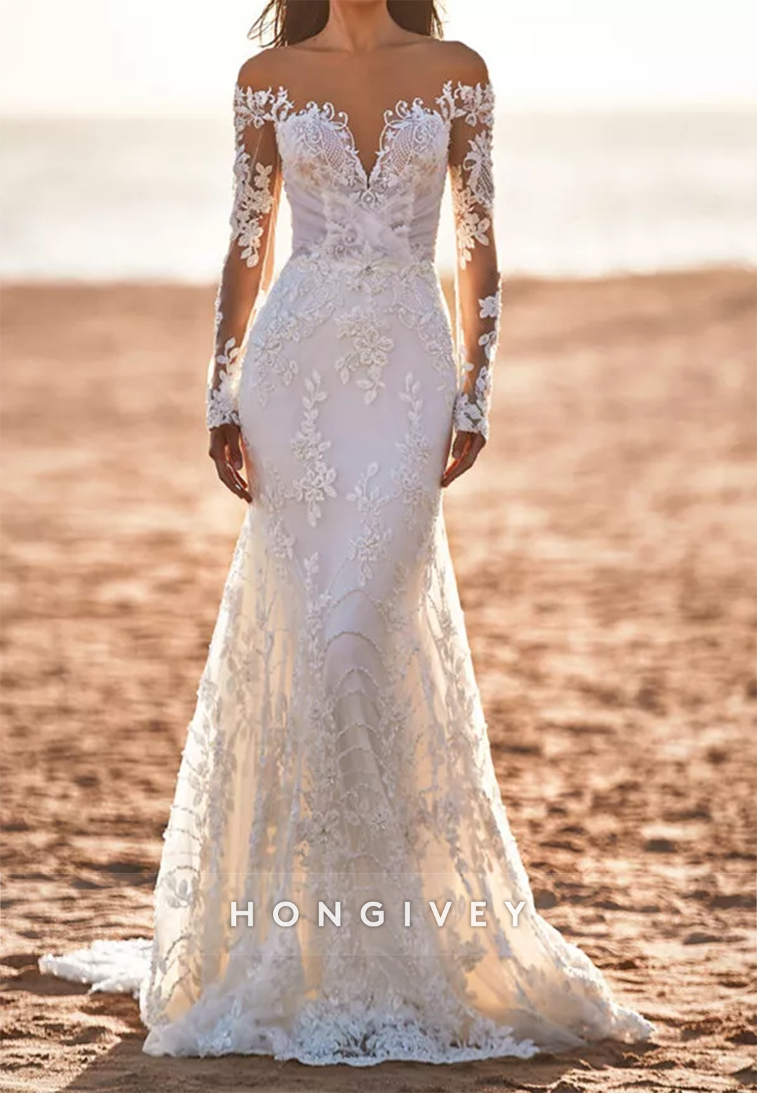 V Neck Court Train Trumpet Long Sleeve Pleated Lace Flowers Off the Shoulder Boho Wedding Dresses