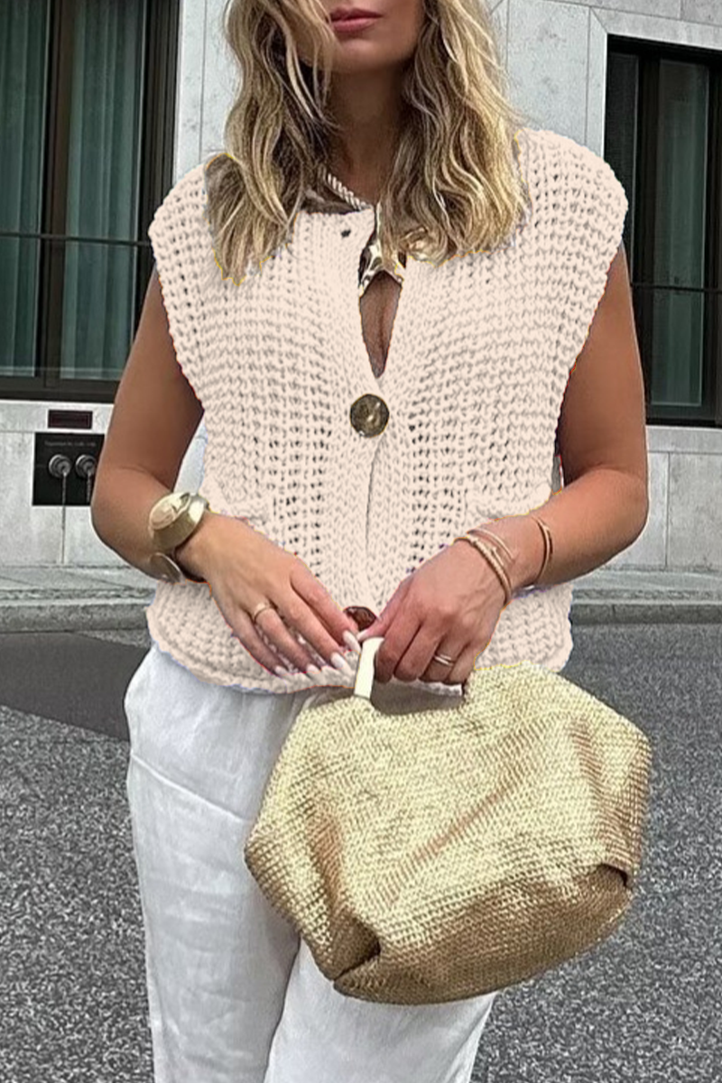 Casual Solid Color Pocket Sweater with Button Detail