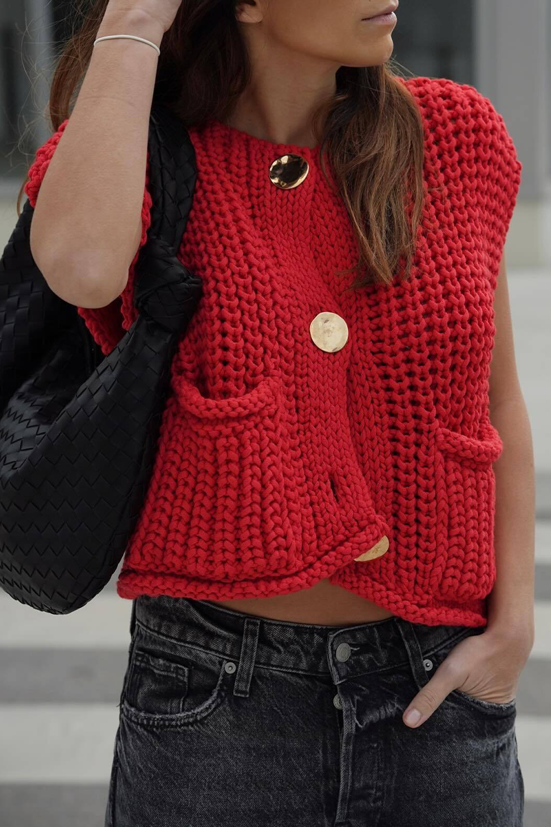 Casual Solid Color Pocket Sweater with Button Detail
