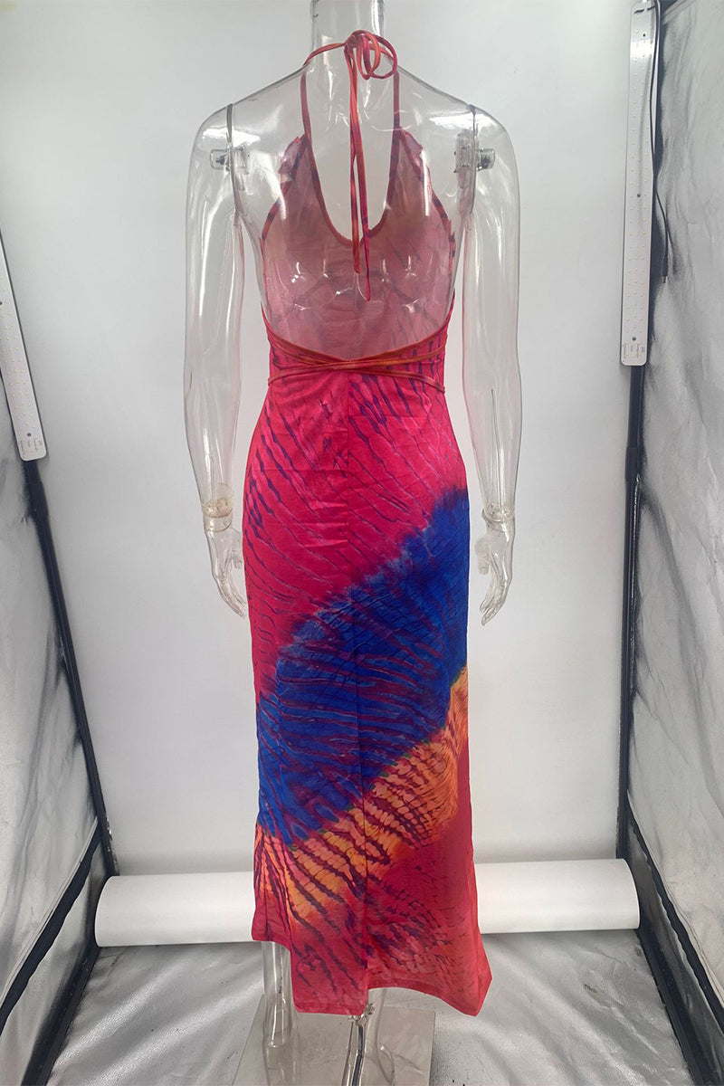 Sexy Vacation Gradient Print Backless Ruffle V Neck One Step Skirt Dresses - Fashionpara