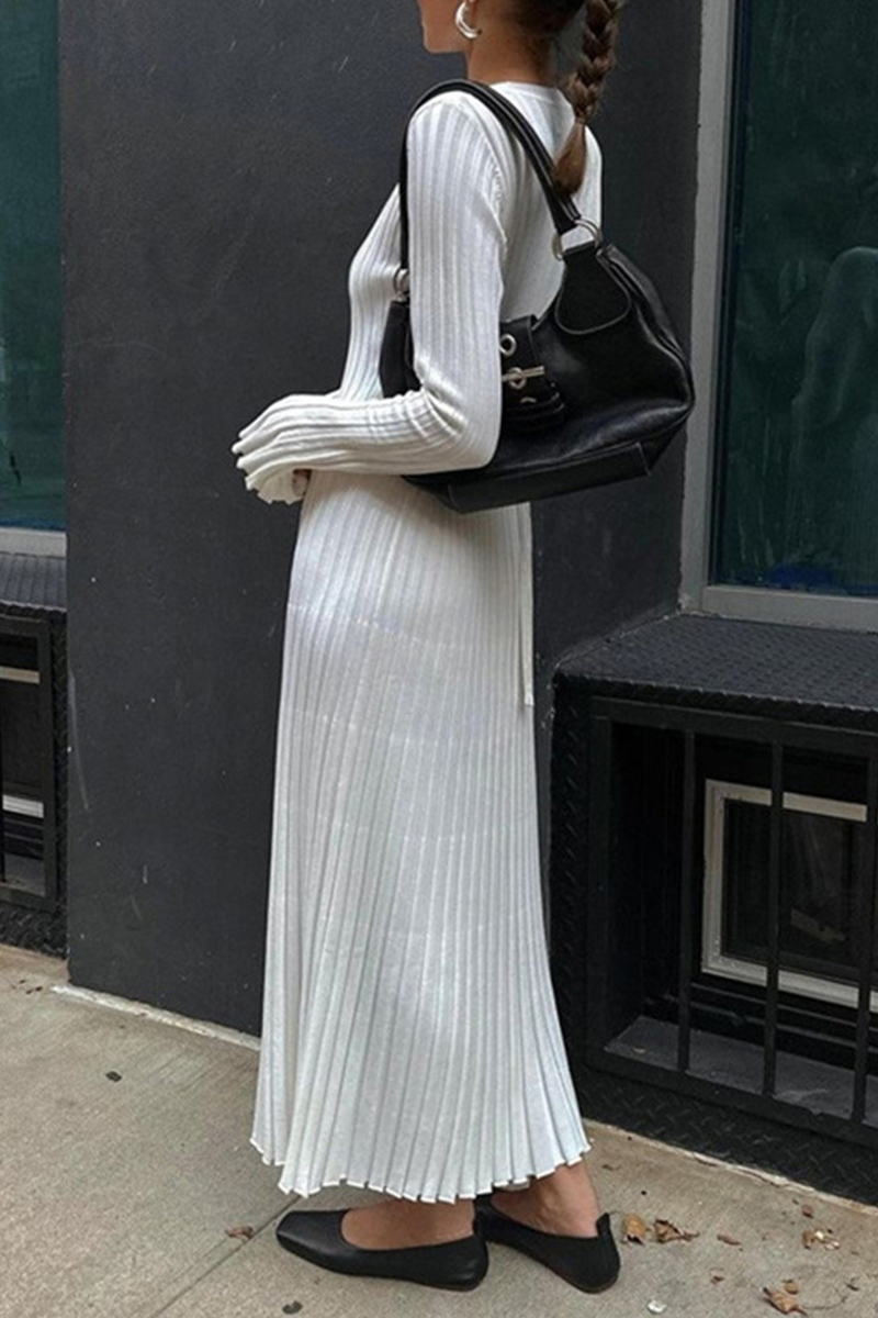 Casual Daily Solid Color Potholes O Neck Long Sleeve Dresses - Fashionpara