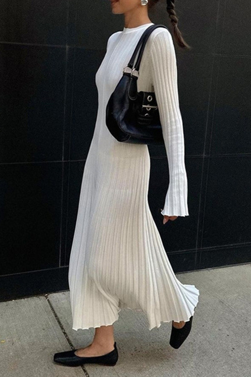 Casual Daily Solid Color Potholes O Neck Long Sleeve Dresses - Fashionpara