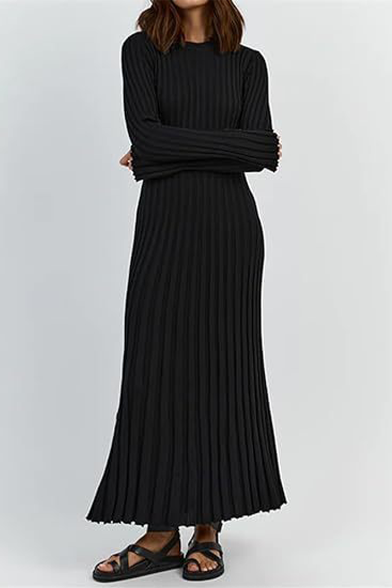 Casual Daily Solid Color Potholes O Neck Long Sleeve Dresses - Fashionpara