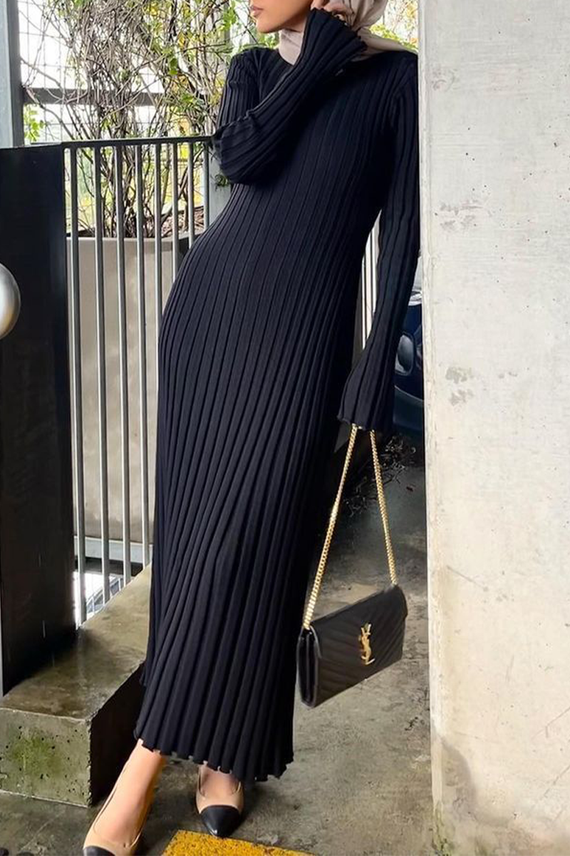 Casual Daily Solid Color Potholes O Neck Long Sleeve Dresses - Fashionpara