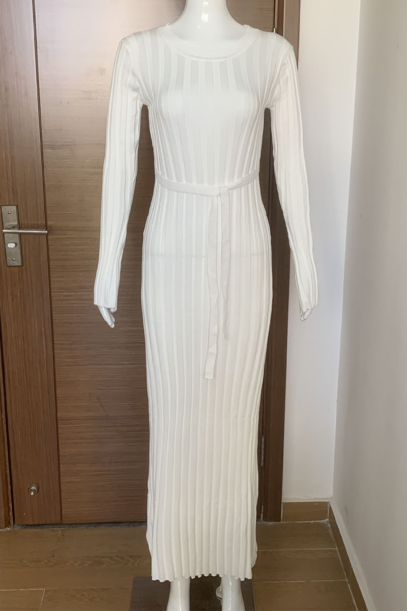 Casual Daily Solid Color Potholes O Neck Long Sleeve Dresses - Fashionpara