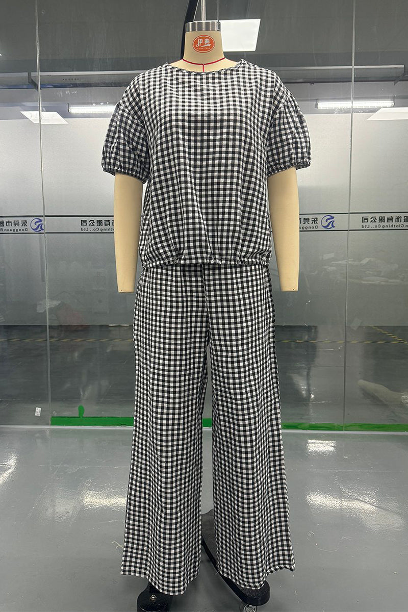 Casual Street Plaid Draw String Pocket Lace Up O Neck Short Sleeve Two Pieces(6 Colors) - Fashionpara