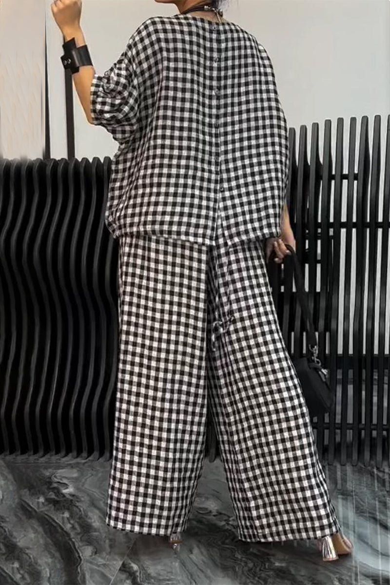 Casual Street Plaid Draw String Pocket Lace Up O Neck Short Sleeve Two Pieces(6 Colors) - Fashionpara