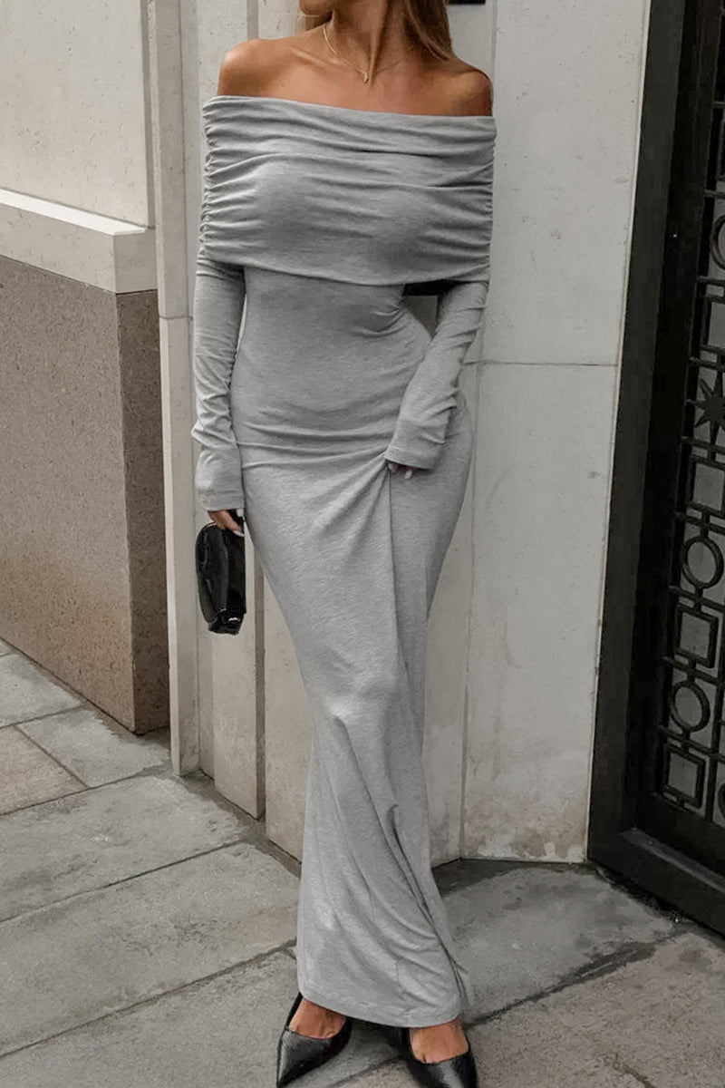 Sexy Street Solid Color Ruched Off Shoulder One Step Skirt Dresses - Fashionpara