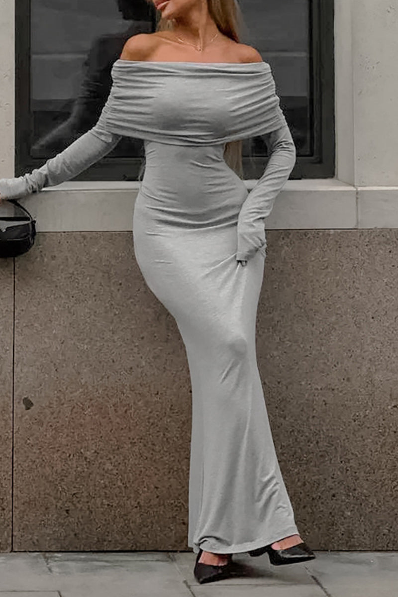 Sexy Street Solid Color Ruched Off Shoulder One Step Skirt Dresses - Fashionpara