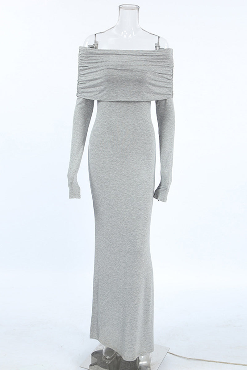 Sexy Street Solid Color Ruched Off Shoulder One Step Skirt Dresses - Fashionpara