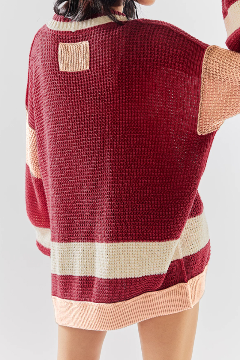 Colorblock V Neck Knitted Jacket with Pocket - Bohonini