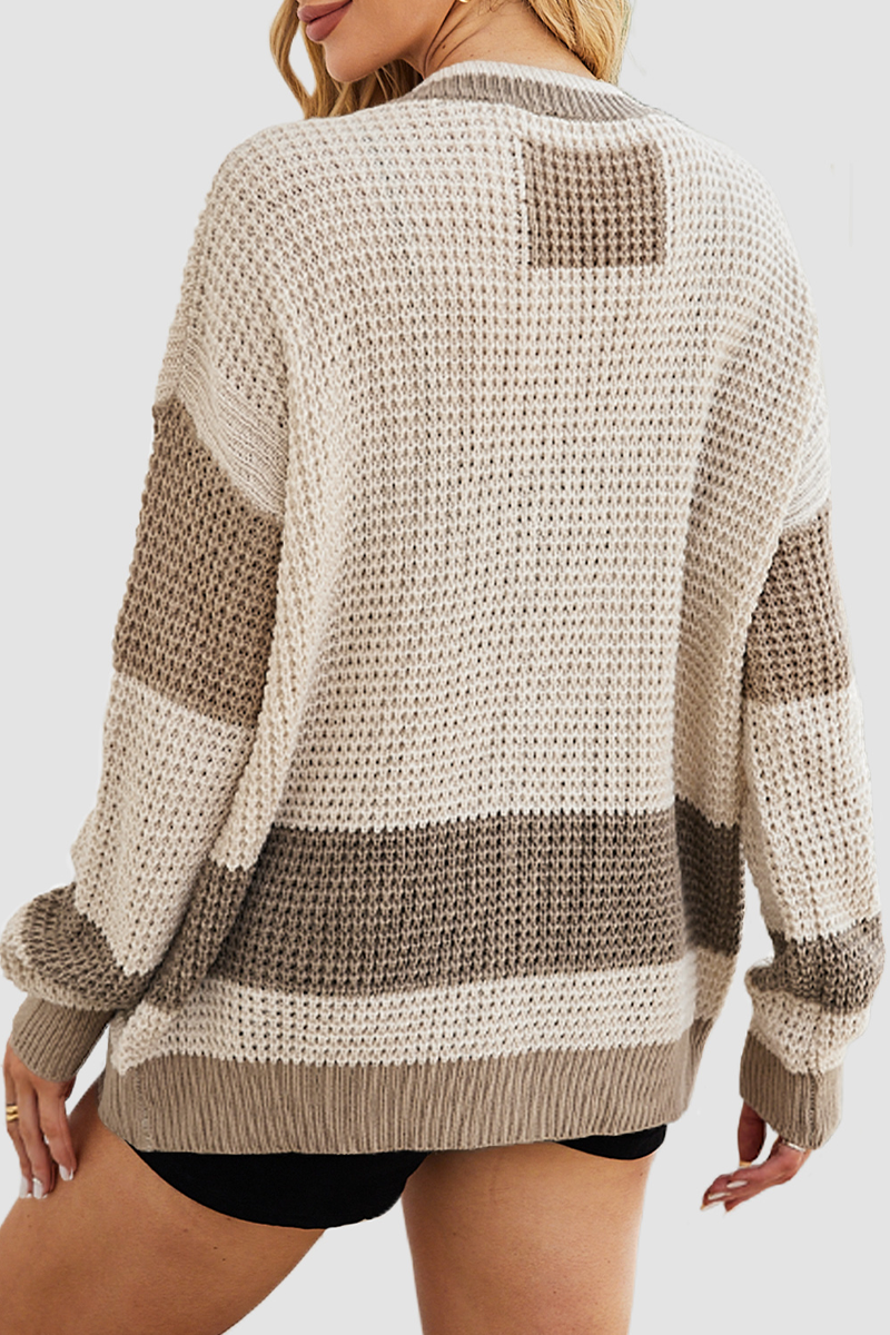 Colorblock V Neck Knitted Jacket with Pocket - Bohonini