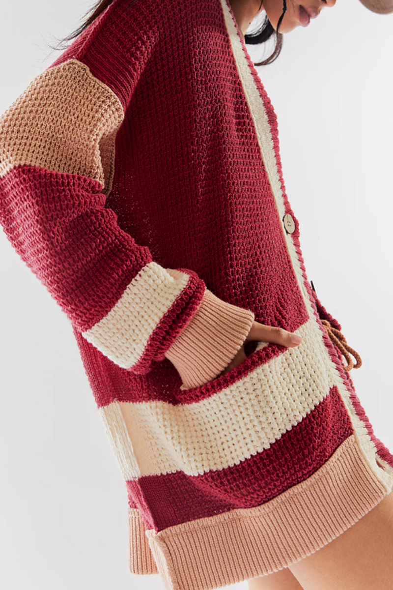 Colorblock V Neck Knitted Jacket with Pocket - Bohonini