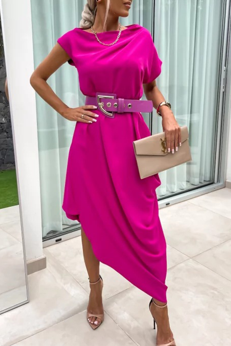 Casual Street Solid Color Without Belt Irregular Pile Heap Collar One Step Skirt Short Sleeve Dress(No Belt)(4 Colors) - Fashionpara