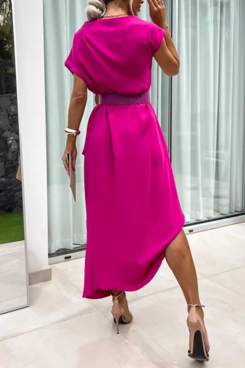 Casual Street Solid Color Without Belt Irregular Pile Heap Collar One Step Skirt Short Sleeve Dress(No Belt)(4 Colors) - Fashionpara