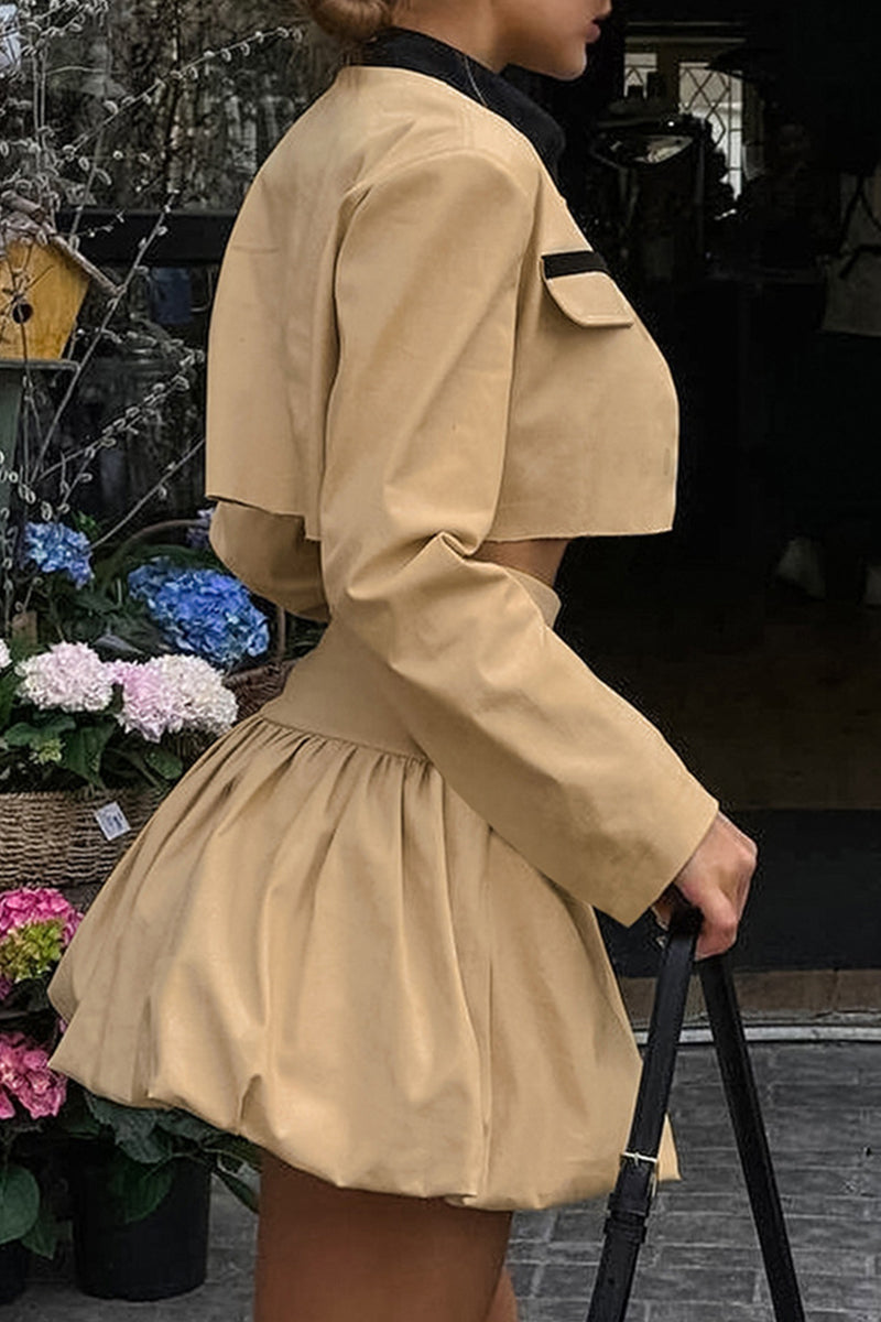 Casual Street Buttons Patchwork Contrast O Neck Long Sleeve Two Pieces - Fashionpara